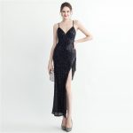 Luxelle8 Beaded Plaid High-Slit Spaghetti-Strap Dress