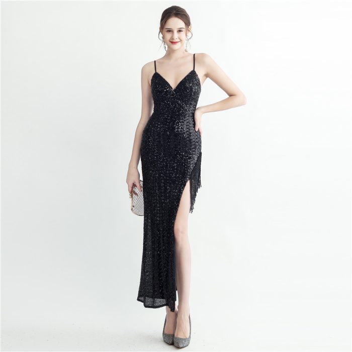 Beaded Plaid High-Slit Spaghetti-Strap Dress for Parties | Luxelle8