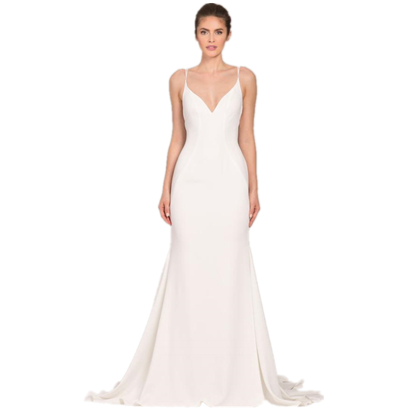He110ec67bae8453fb2daa907d161e17bz.jpg Plain Solid White Summer Sexy Sling Wedding Gown Wedding Dress With Long Trail - Image 1