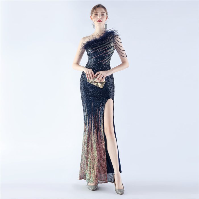 Gradient Beaded Ostrich Feather One-Shoulder Evening Gown | Luxelle8