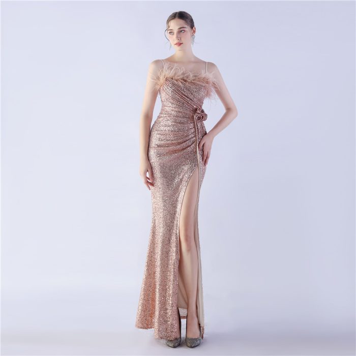Ostrich Feather Floral Evening Gown for Party Events | Luxelle8