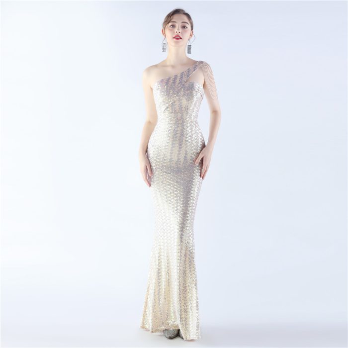 One-Shoulder Beaded Slim-Fit Evening Gown for Parties | Luxelle8