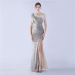 Luxelle8 Floral Feather Sequin One-Shoulder Evening Gown