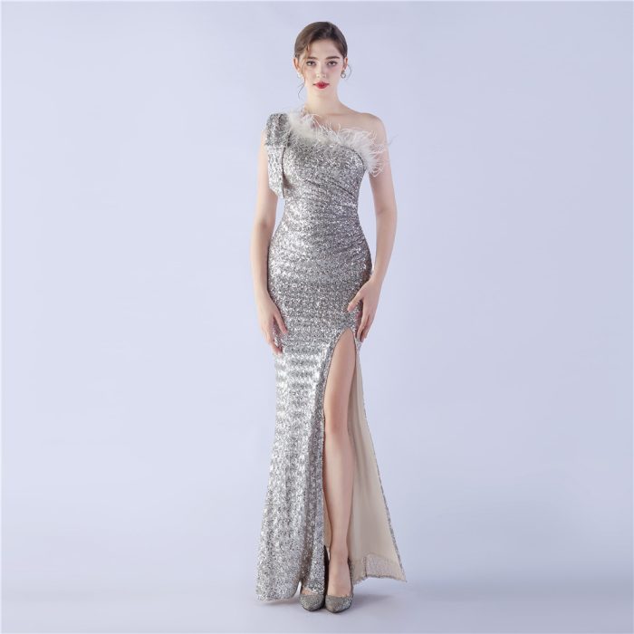 Floral Feather Sequin One-Shoulder Evening Gown for | Luxelle8