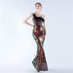 Luxelle8 One-Shoulder Feather Sequin Mermaid Evening Gown