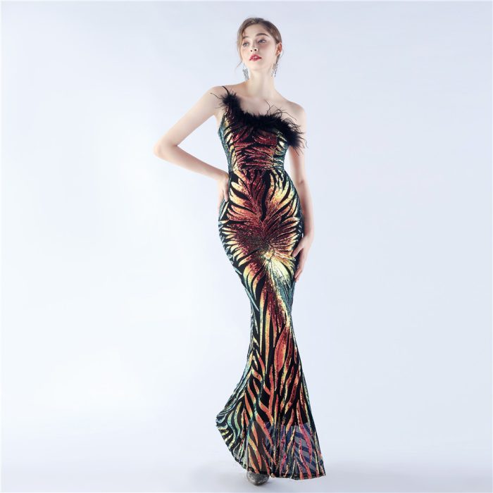 One-Shoulder Feather Sequin Mermaid Evening Gown for | Luxelle8