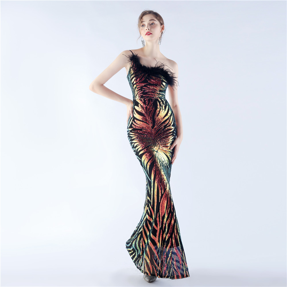 Hfa7df6adc16244d386ad96df291c0c07L.jpg Luxelle8 One-Shoulder Feather Sequin Mermaid Evening Gown - Image 1