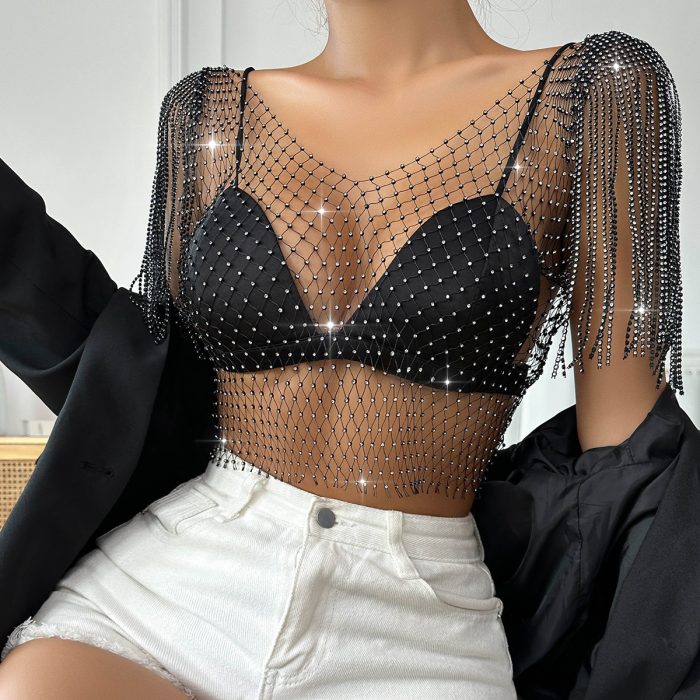 Rhinestone Fishnet Fringe Party Top for Party Events | Luxelle8
