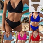 2024跨境欧美外贸新款bikini纯色V领性感比基尼分体女式泳衣泳装