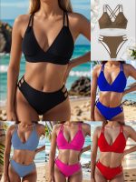 2024跨境欧美外贸新款bikini纯色V领性感比基尼分体女式泳衣泳装