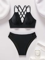 2024跨境欧美外贸新款bikini纯色V领性感比基尼分体女式泳衣泳装 - Image 4