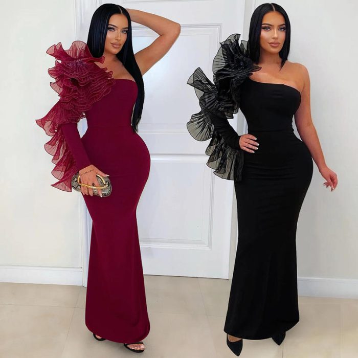 One-Shoulder Ruffle Maxi Evening Gown for Formal Events | Luxelle8