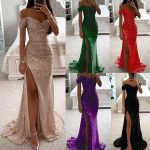 Women's Elegant Summer Party Dress Sexy One-Character Collar Evening Gown Sequins Breathable Floor-length Split Dress New Solid - Image 2