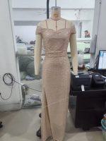 Women's Elegant Summer Party Dress Sexy One-Character Collar Evening Gown Sequins Breathable Floor-length Split Dress New Solid - Image 3