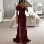 Women's Elegant Summer Party Dress Sexy One-Character Collar Evening Gown Sequins Breathable Floor-length Split Dress New Solid - 图片 4