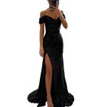 Women's Elegant Summer Party Dress Sexy One-Character Collar Evening Gown Sequins Breathable Floor-length Split Dress New Solid - 图片 3