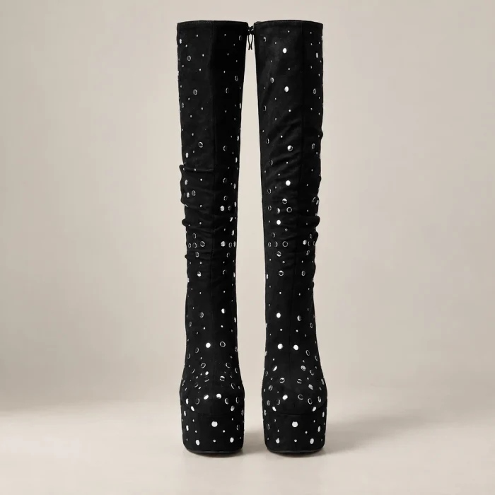 Fashion 2026 Export New Arrival Spring & Fall Waterproof Platform Thick Heel Knee-High Boots with Rivets, Performance Catwalk Thick Sole Women’s Knee-High Boots