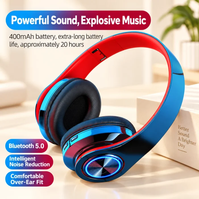 B39 Wireless Light-Up Bluetooth Headphones with Colorful Gradient LED Lights, Card Slot, Foldable, for Esports