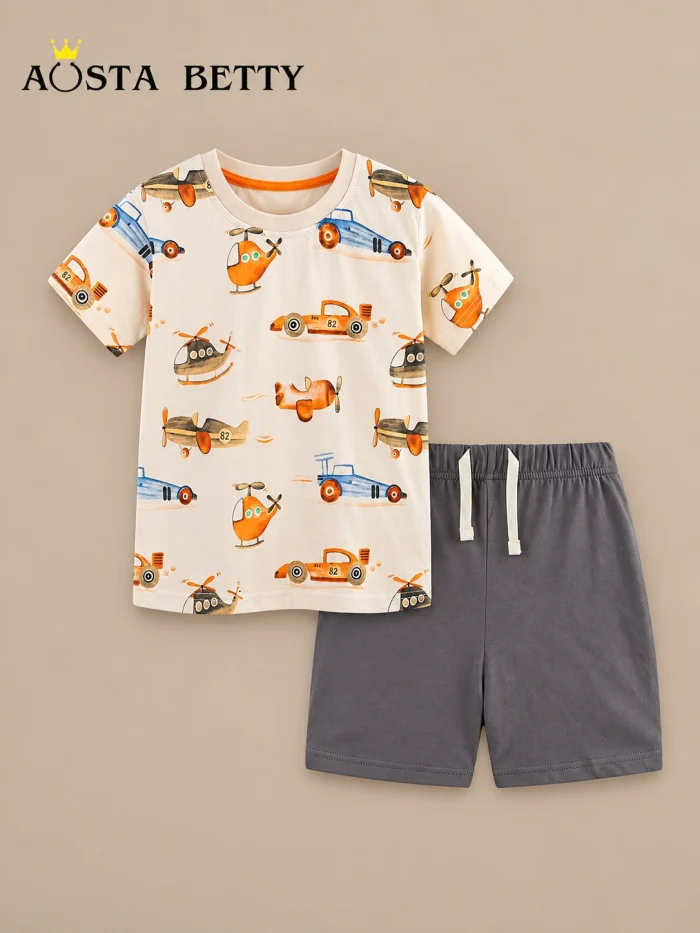 22681 Boys’ Short-Sleeve T-Shirt and Shorts Set, European/American Style Cartoon Print, 100% Cotton Two-Piece Suit