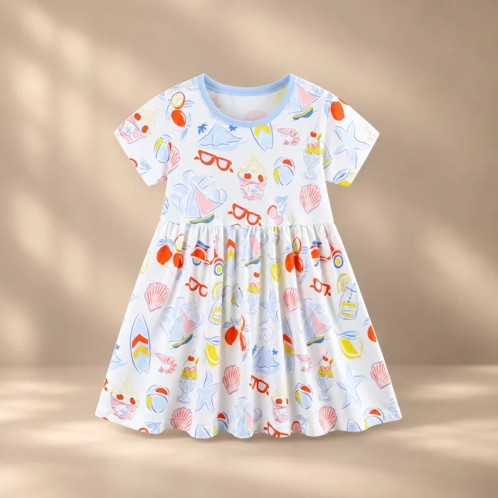 17091 Girls’ Princess Dress, Short-Sleeve Summer Cotton Dress, Cute Cartoon Print