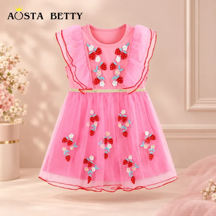 17221 Girls’ Sleeveless Princess Dress, Strawberry Embroidered Mesh Skirt, Summer Cotton Dress