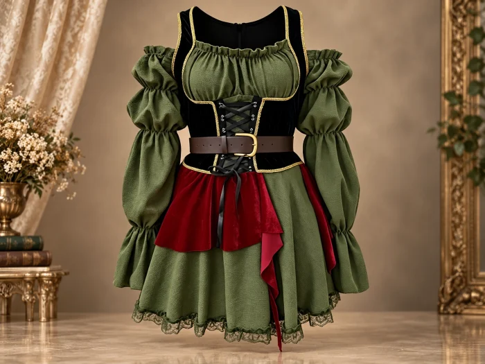 Women’s Pirate & Medieval Fantasy Costume Set (Dress + Belt + Headgear)