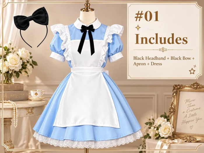 Alice-Style Maid Dress Costume (Dress + Apron + Headdress + Bow)